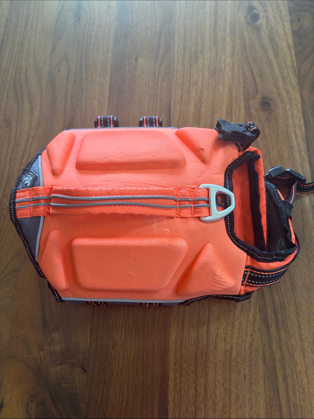 Adjustable Black and Orange Dog Life Vest with Reflective Stitching